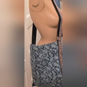 Blue Paisley Crossbody Bag With Fringes & Muticolored Sudes & Strap